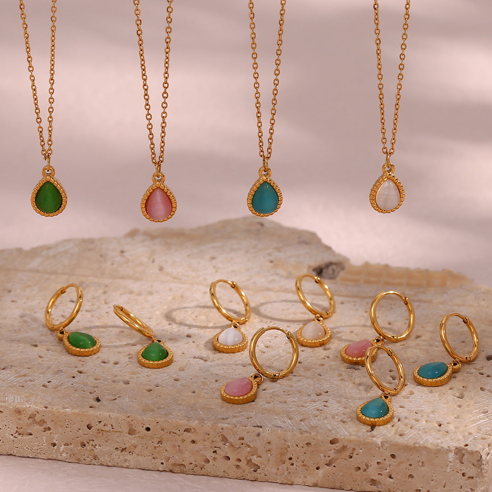 Europäische und amerikanische Ins-Mode minimalistische Wassertropfen Opal-Ohrringe Edelstahl-Halskette