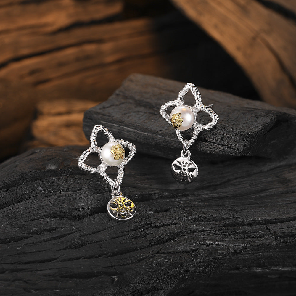 Pendientes de Perlas de Plata 925 con Diseño de Flor y Abeja