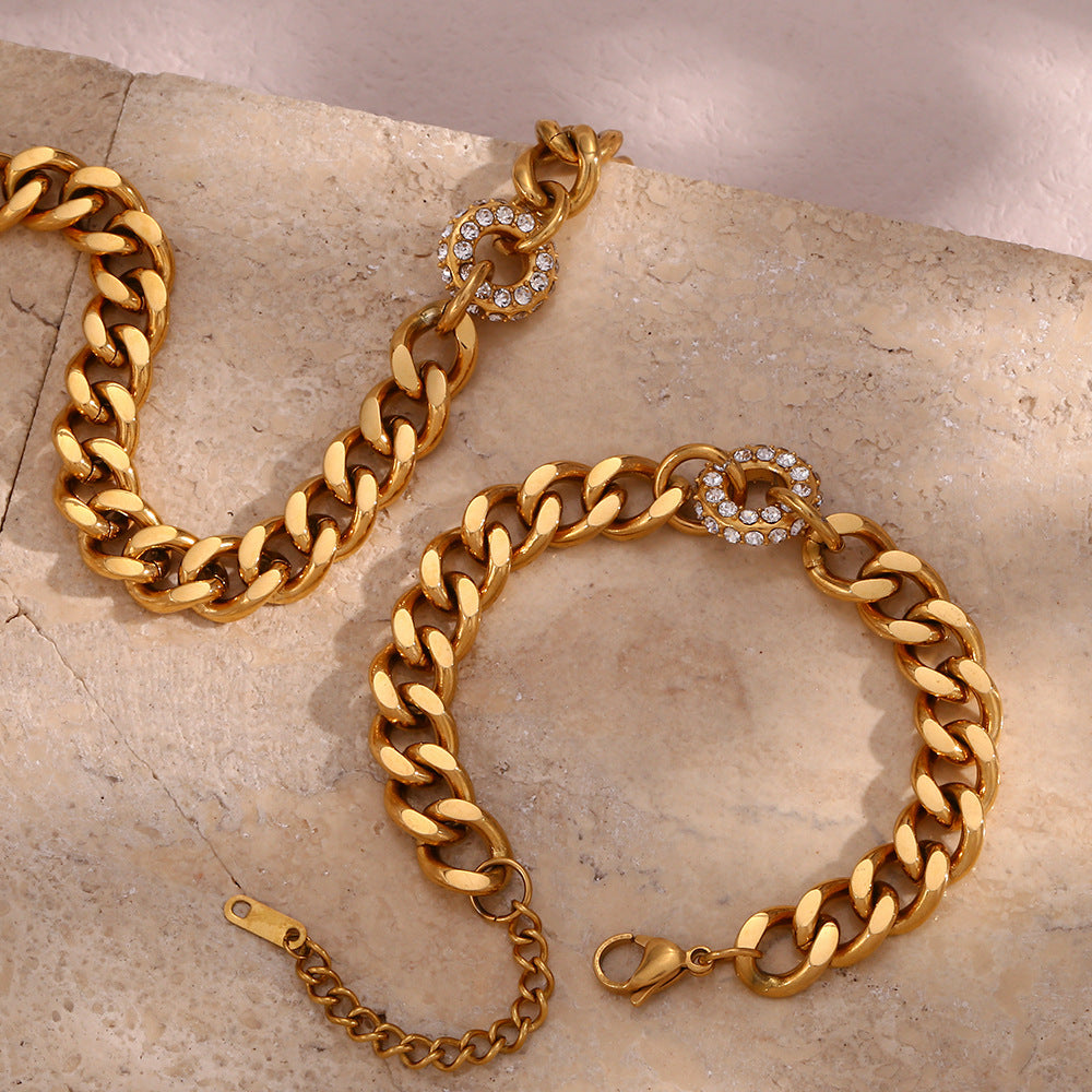 Trendiges Temperamentvolles Armband Ornament Edelstahl Kubanische Gliederkette Zirkon Donut Anhänger Halskette