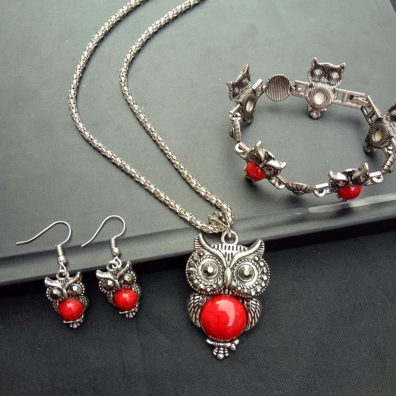 Vintage Türkis Eule Halskette Ohrringe Armband Dreiteiliges Schmuckset