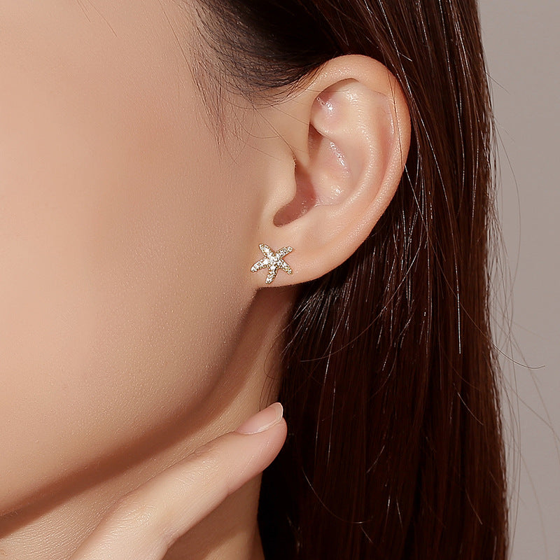 Pendientes de tuerca de estrella de mar de diamante completo para mujer, diseño avanzado