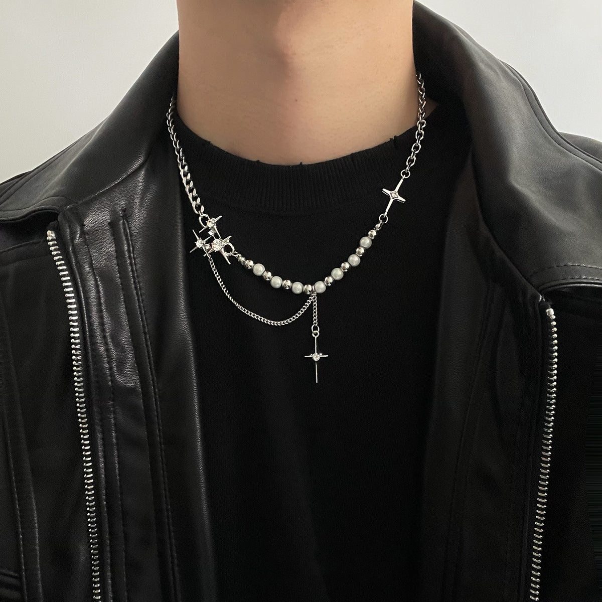 Unisex-Halskette mit achtzackigen Sternen, reflektierender Perlenstickerei für Damen