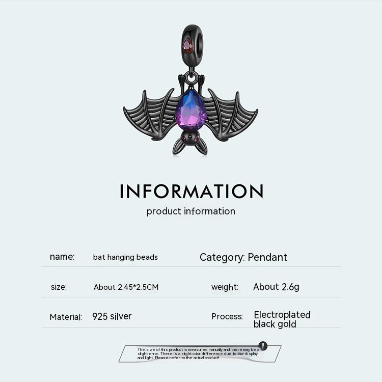 Sterling Silber S925 Fledermaus-Baumelperlen Schwarz Vergoldet Zirkon Turmalin Dunkler Anhänger