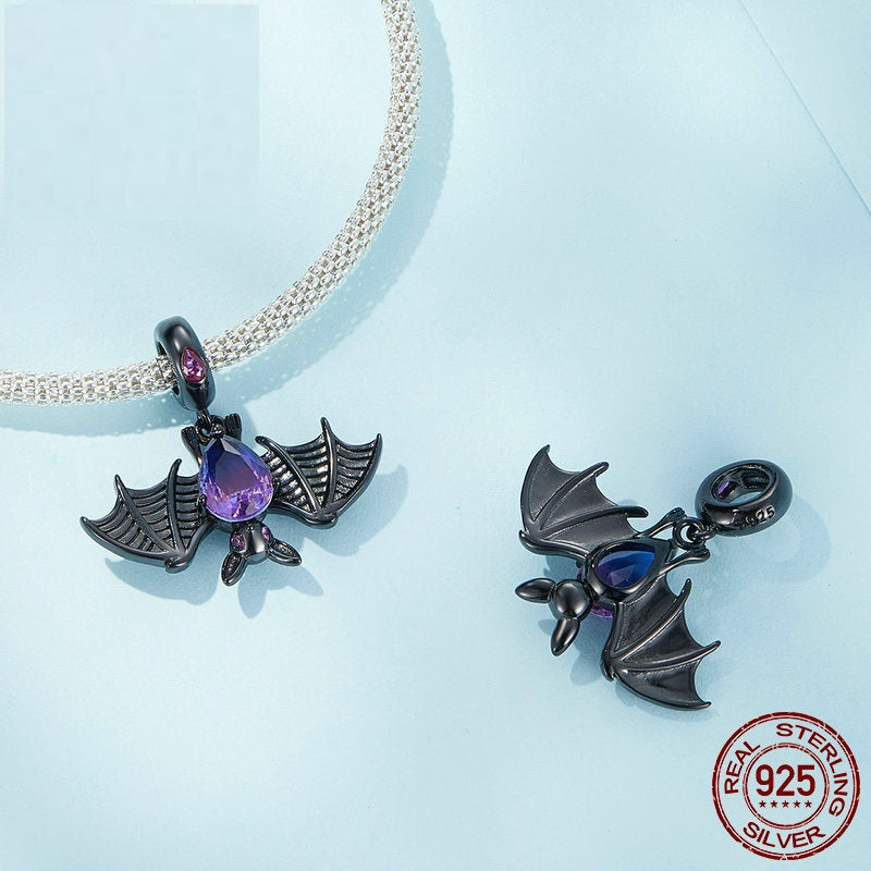 Sterling Silber S925 Fledermaus-Baumelperlen Schwarz Vergoldet Zirkon Turmalin Dunkler Anhänger