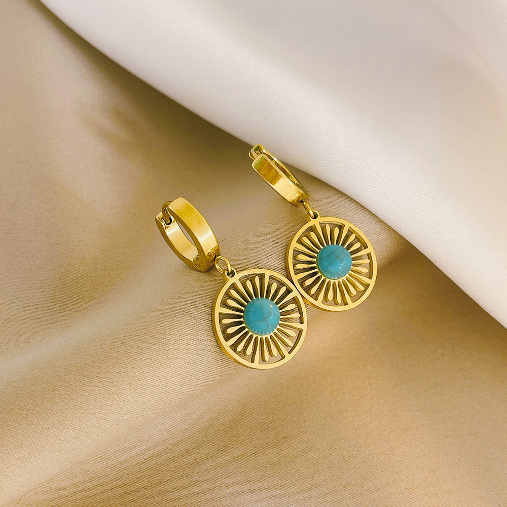 Pendientes huecos redondos geométricos turquesa retro francés