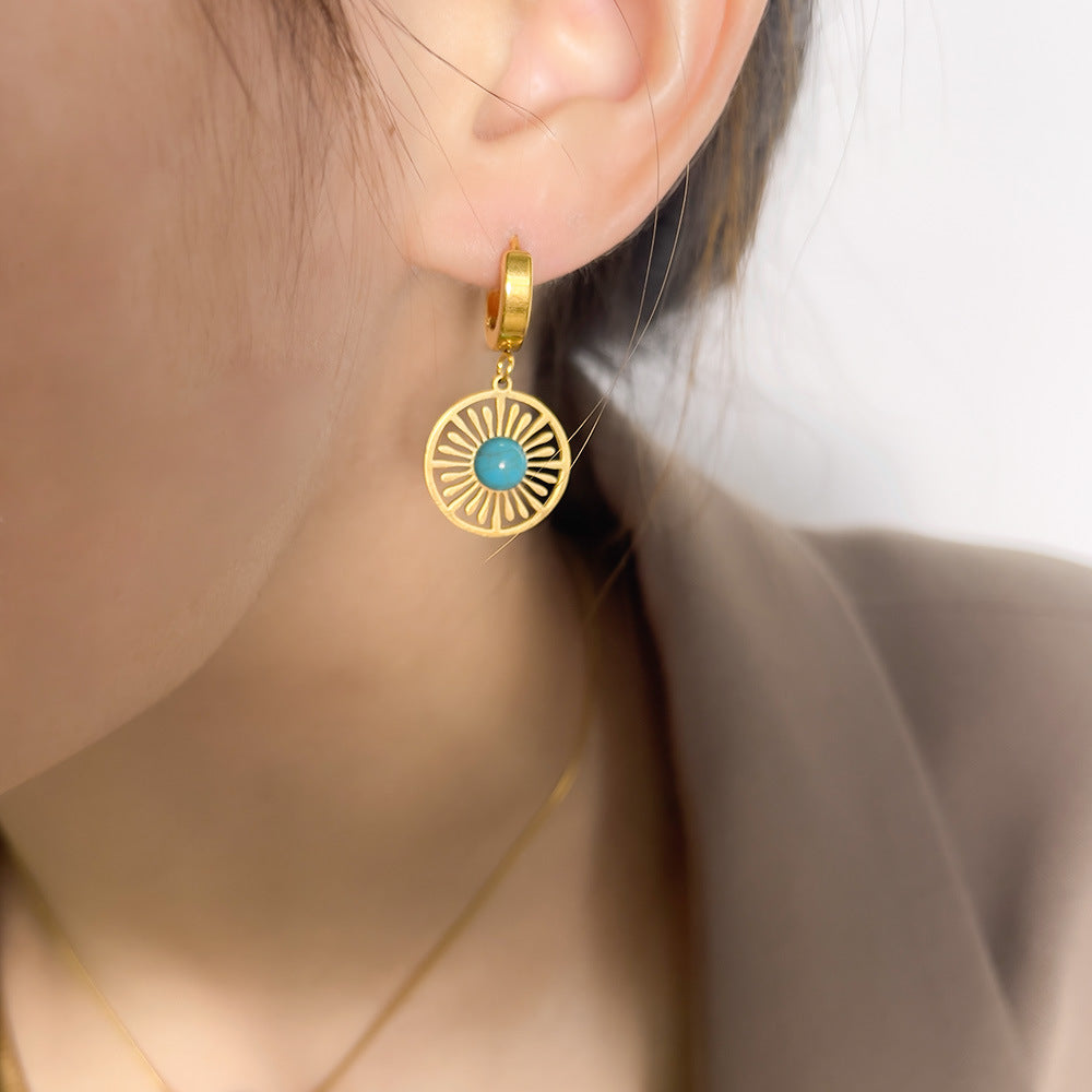 Pendientes huecos redondos geométricos turquesa retro francés