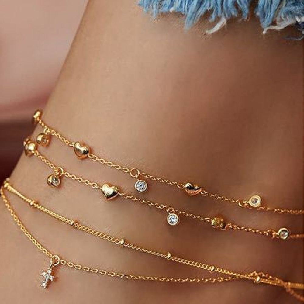 Tobillera con forma de corazón, diamante, cruz, estrella y luna