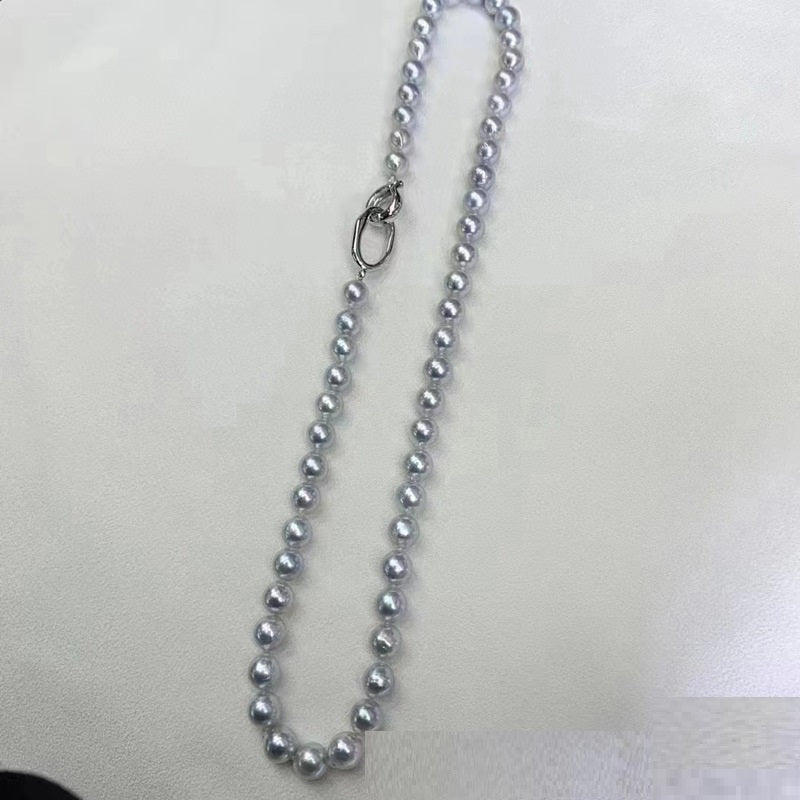 Collar de perlas barrocas de mar 8-9MM, azul plateado, aurora