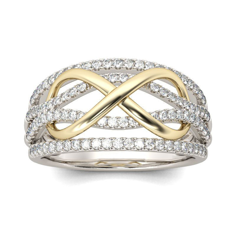 Einfacher Ring im Trenty-Stil mit zweifarbiger runder Zirkonia-Schleife aus Kupfer für Damen, Hochzeit, Verlobung, Schmuck-Accessoires