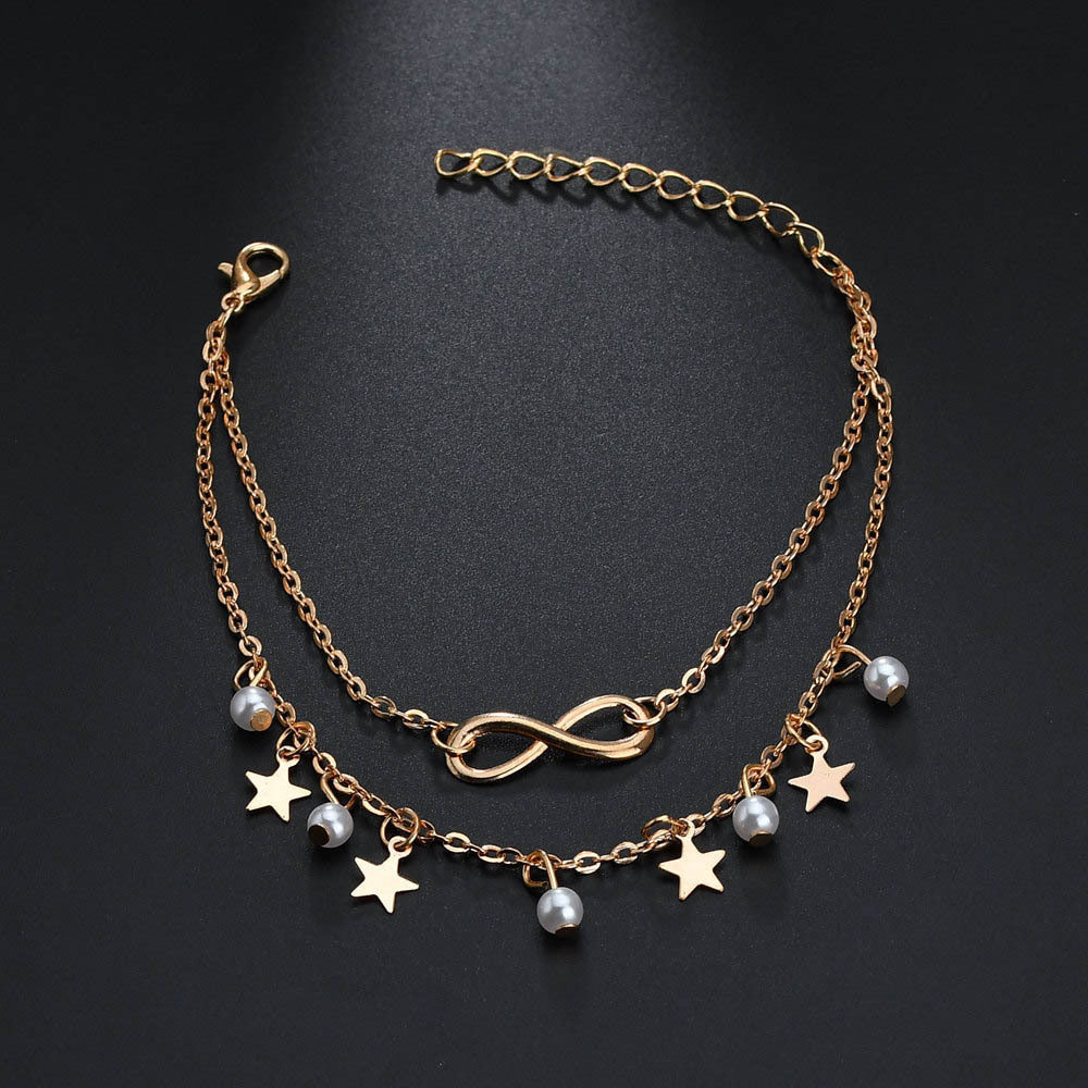 Tobillera de perlas con estrella de cinco puntas y 8 letras