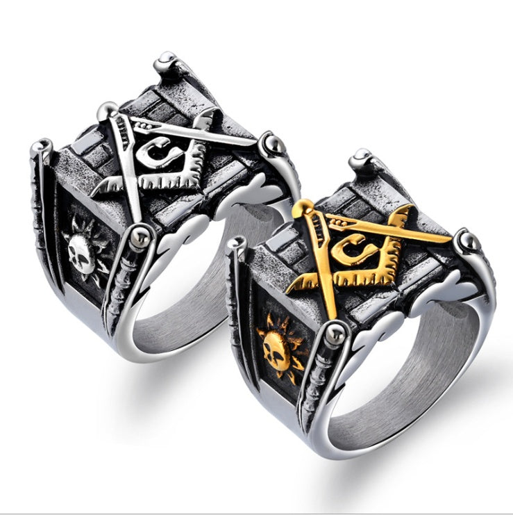 Männer-Freimaurerringe, Gold Sonne Mond, Punk, handgefertigt, hochglanzpolierter Silberschmuck für Herren
