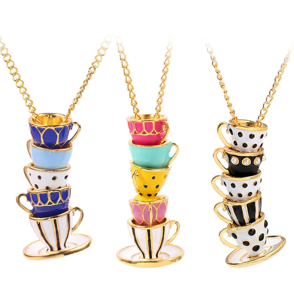 Fashion Jewelry Long Magic Multiple Enamel Glaze Tea Cup Pendant Necklace