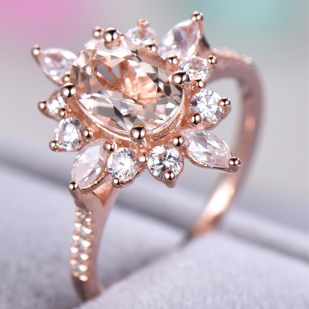 Blumenringe mit einzigartigem Schneeflocken-Design, rosévergoldet, Zirkonia-Schmuck, Mode-Party, Damen-Fingerring