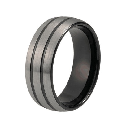 8mm schwarzer Wolfram-Ehering für Damen und Herren, gewölbt, doppelte Linien, silberne, matte Oberseite, bequemer Sitz