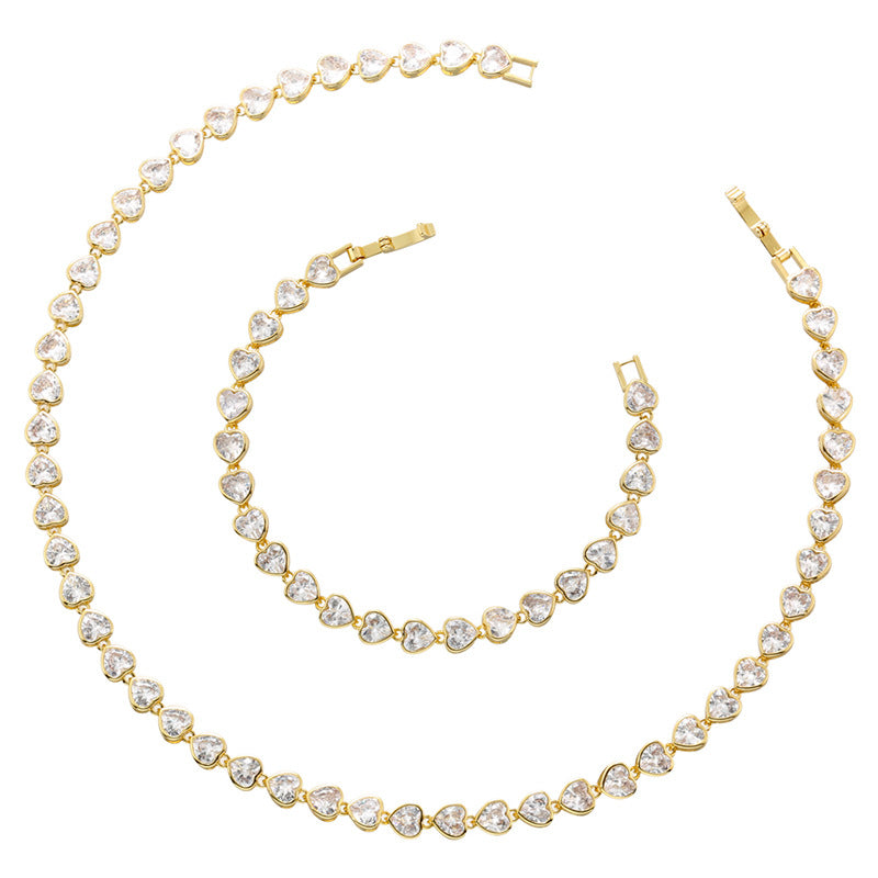 Women's Fashion Casual Fully Jeweled Loving Heart Bracelet Necklace