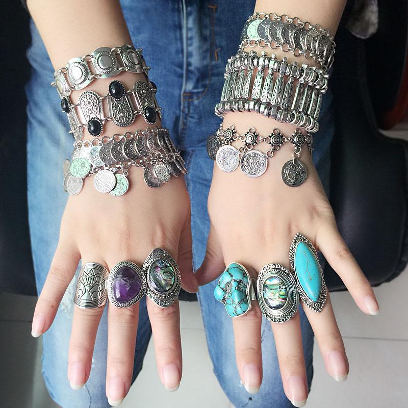 Tibetisch versilberter Boho-Ring & Armbänder