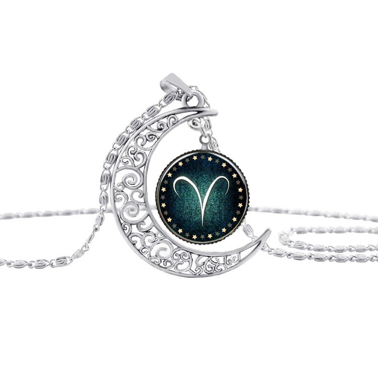 Vintage Schmuck Silberfarben mit Sternzeichen Glas Cabochon Choker Halbmond Anhänger Lange Halskette für Damen Weihnachtsgeschenk