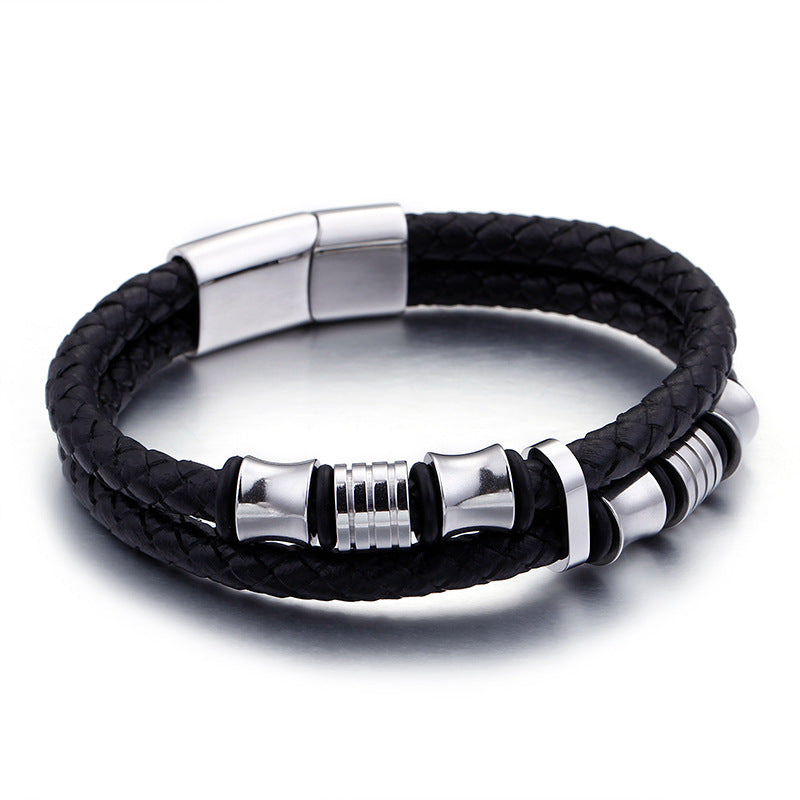 Pulsera de cuero de acero inoxidable color oro para hombre, pulseras de cuero negro para hombre, joyería, muñequera con cierre magnético