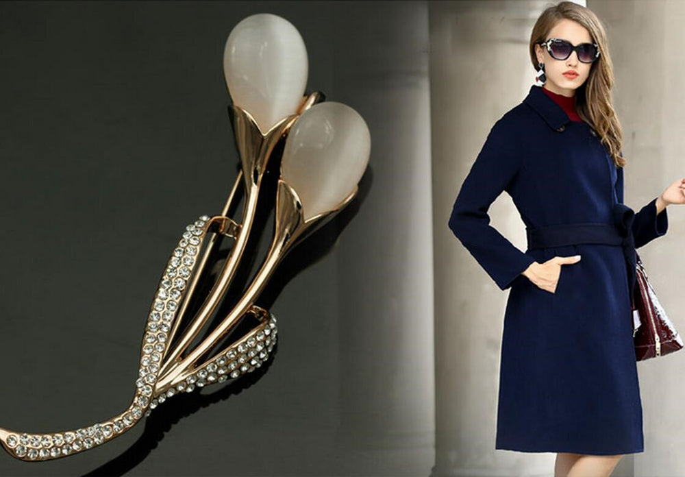 Fashion Opal Stone Tulip Brooch Pin Elegant Jewelry Flower Brooches Rhinestone