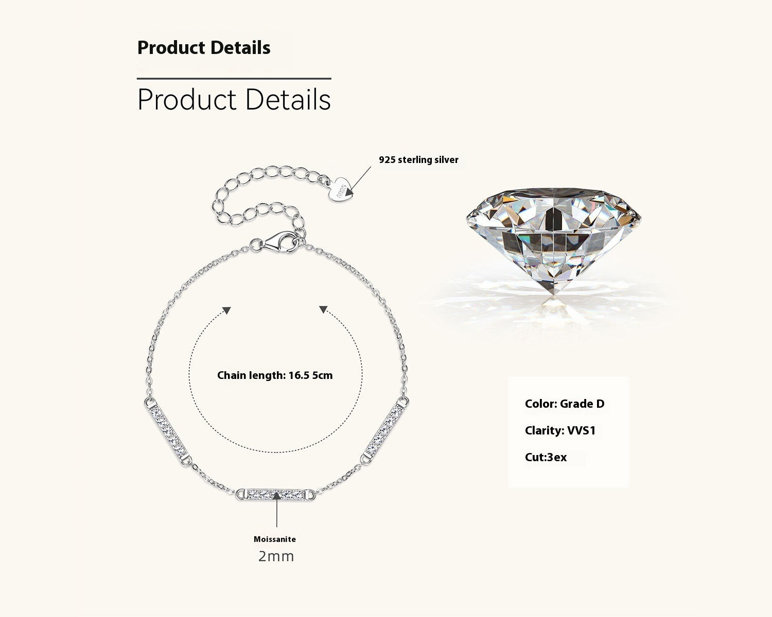 Women's Sterling Silver Simple Moissanite Bracelet