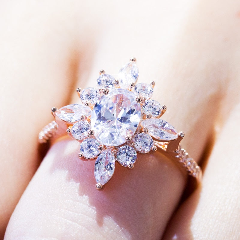 Blumenringe mit einzigartigem Schneeflocken-Design, rosévergoldet, Zirkonia-Schmuck, Mode-Party, Damen-Fingerring