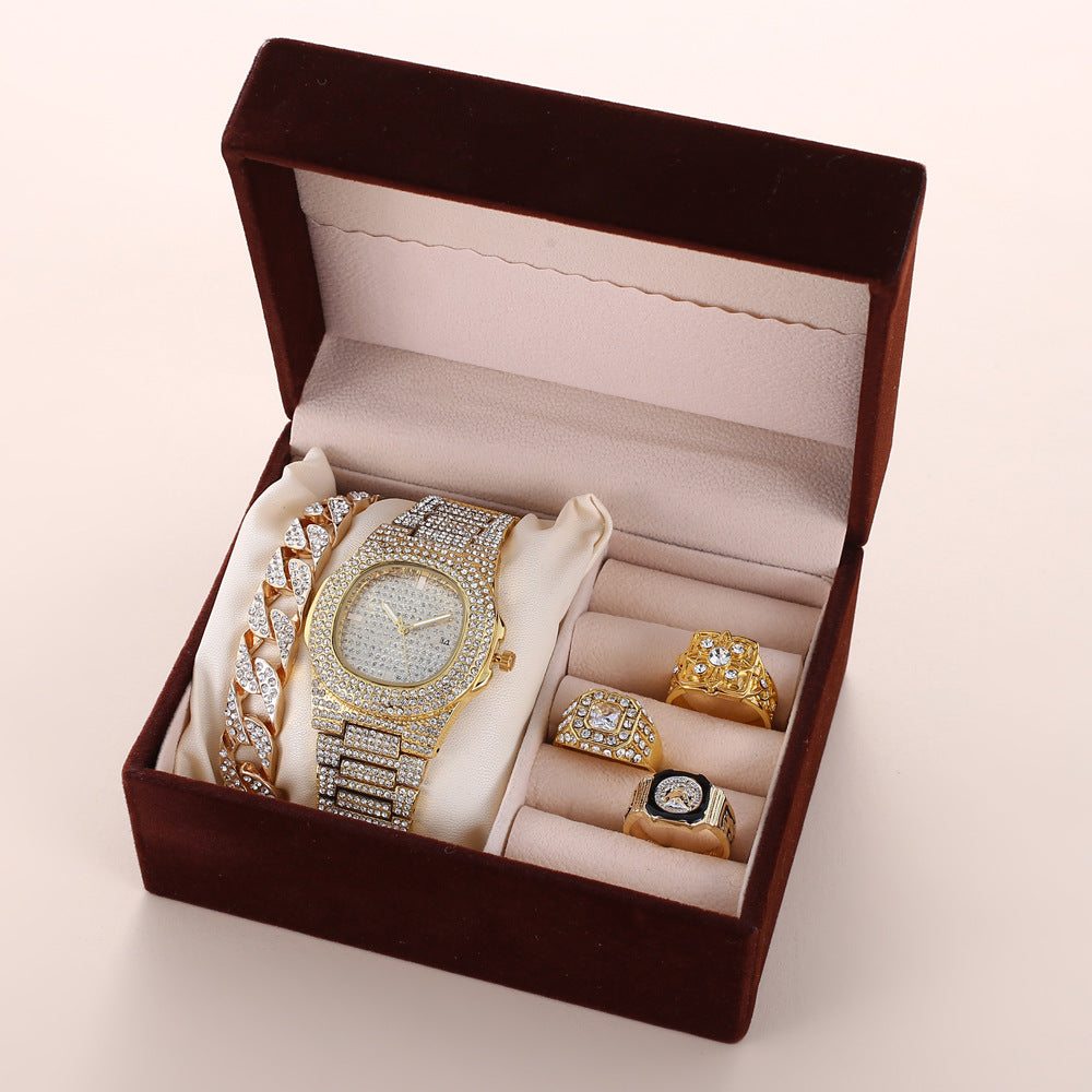 Vater Diamantbesetztes Kalender-Disc-Armbanduhrring-Mode-Temperament-Set Geschenkbox