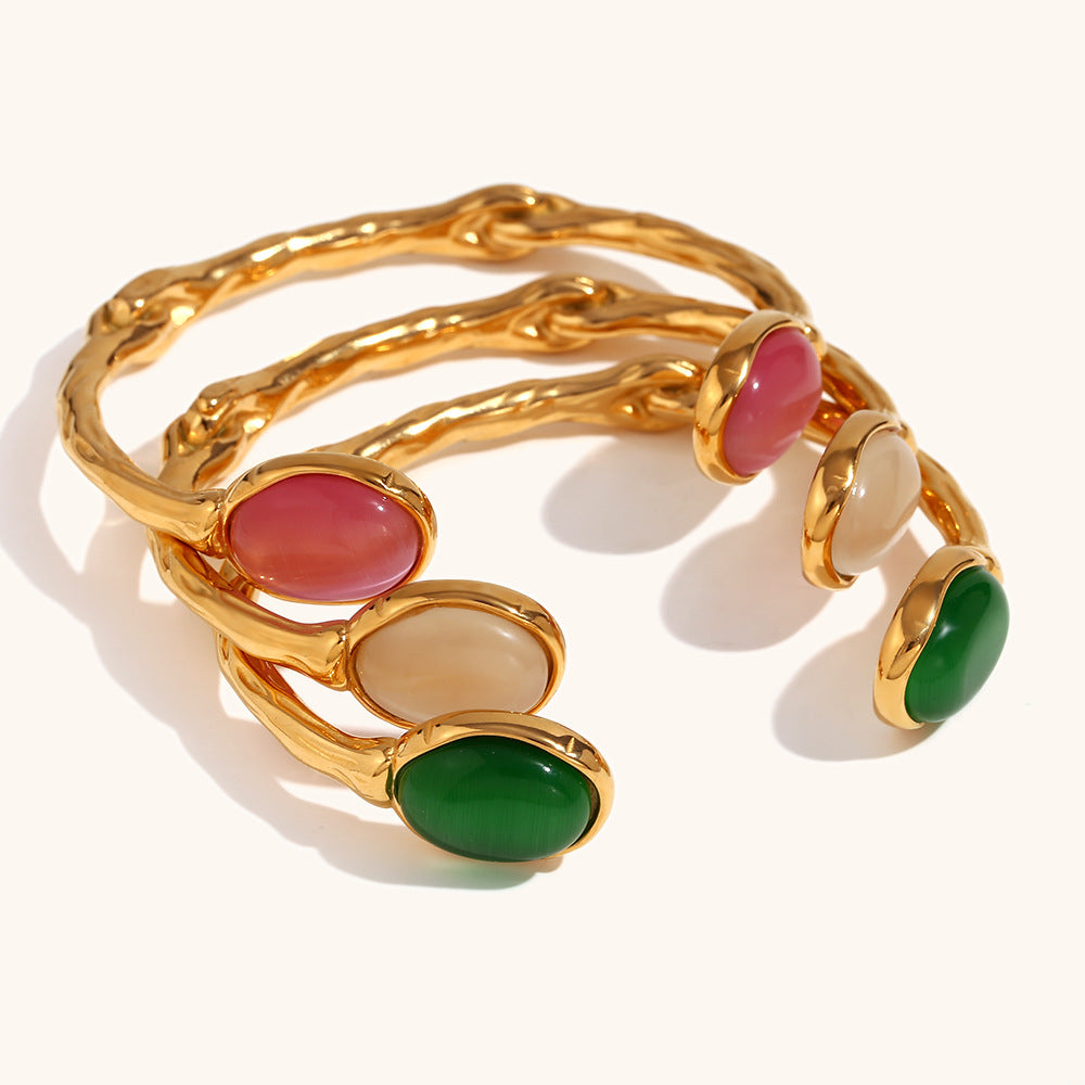 Pulsera abierta ovalada irregular de piedra natural bilateral