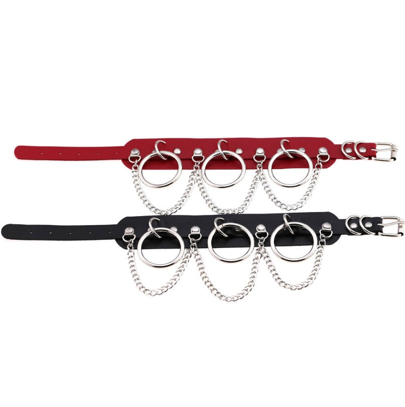 European and American style personality exaggerated PU leather collar necklace Punk street shooting nightclub O-ring chain clavicle chain neck collar