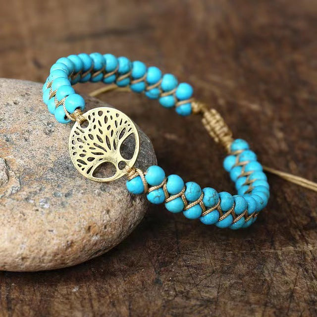 Modisches geflochtenes doppellagiges türkises Armband im böhmischen Ethno-Stil mit Lebensbaum, verstellbares Yoga-Armband für Damen