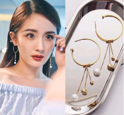 Geometrische Kreis-Ohrringe für Damen aus s925 Sterlingsilber, lange Quastenohrringe mit Perlen, modische, hypoallergene Ohrringe