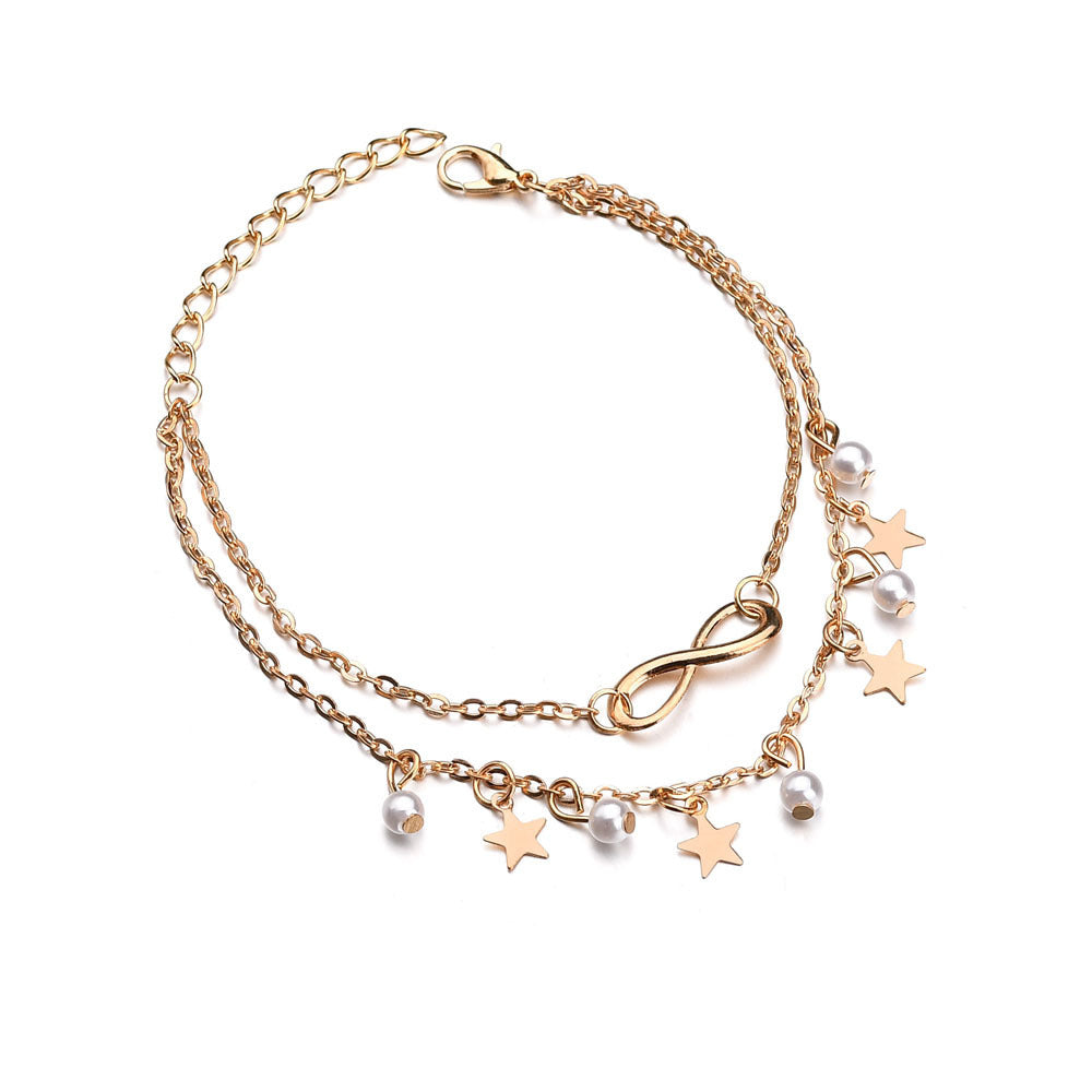 Tobillera de perlas con estrella de cinco puntas y 8 letras