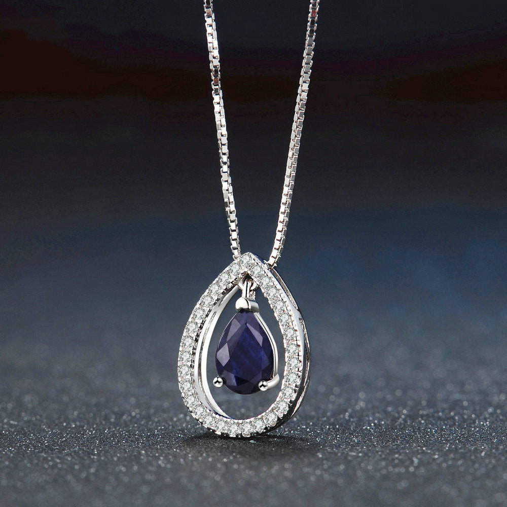 Ladies 925 Sterling Silver Necklace Sapphire Pendant