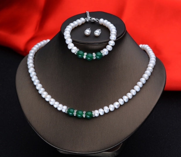 Juego de collar, pulsera y pendientes de ágata y perlas