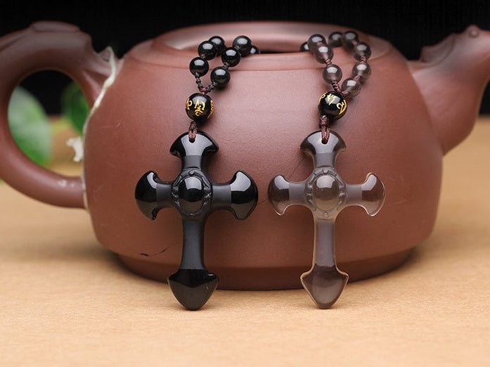 Natürlicher Obsidian Jesus-Kreuz-Anhänger Ukrainischer Eissamen Christus Jesus Paar Halskette Schmuck