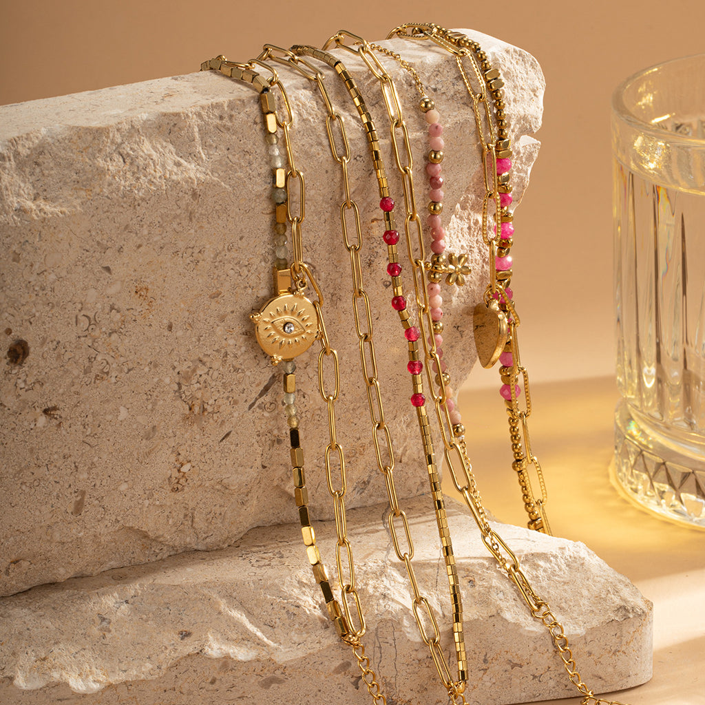 Pulsera bohemia de doble capa con cuentas de piedra natural
