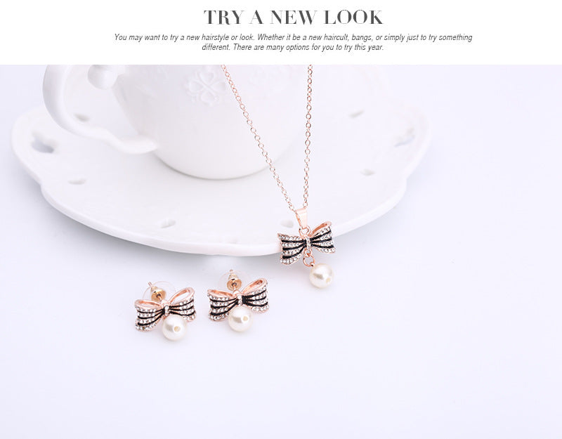 Mode All-Match Luxus Schleife Voll Diamant Halskette Ohrringe Schmuckset