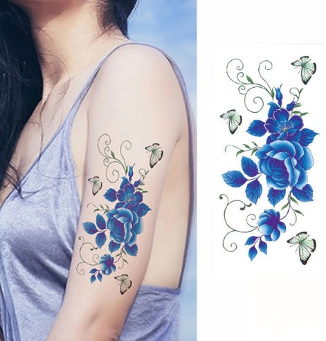 Pegatina de tatuaje de flores, boceto a color, pegatina de tatuaje de flores, peonías, rosas, ciruelos, pegatina de tatuaje