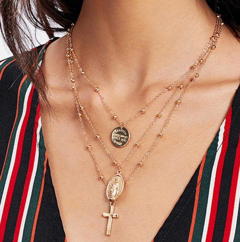 Layer Perlenkette Lang Choker Halskette Frauen Sexy Mode Gold Silber Farbe Runde Kreuz Halsketten & Anhänger Bijoux