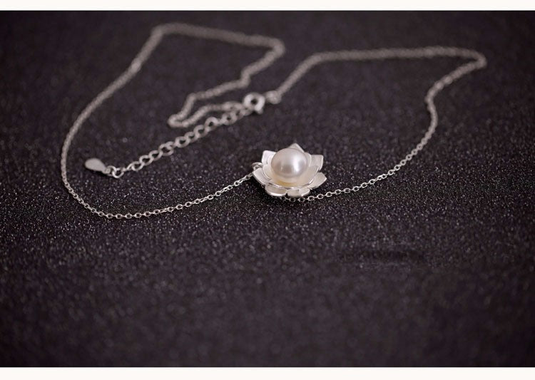 Joyería de Plata de Ley 925 Collares de Perlas y Flor de Loto Venta Caliente Joyería de Plata Pura para Mujer