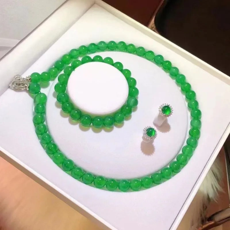 Gao Bing Emperador Jade Calcedonia Bola Pulsera Collar Pendientes Set