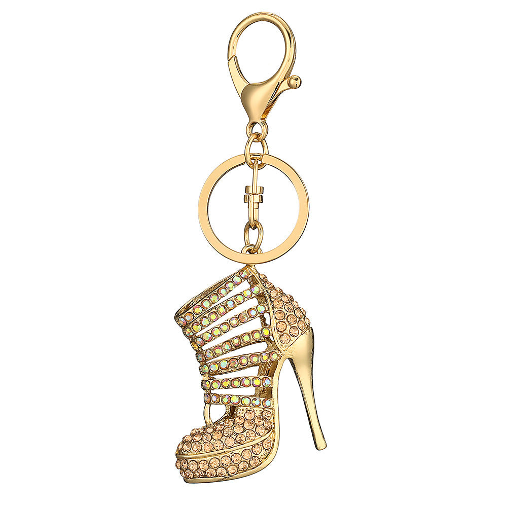 Llavero de mochila de aleación con modelado de tacones altos huecos con incrustaciones de diamantes