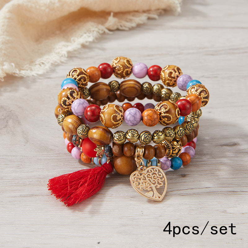Pulsera Bohemia de Cuentas de Madera de Múltiples Capas