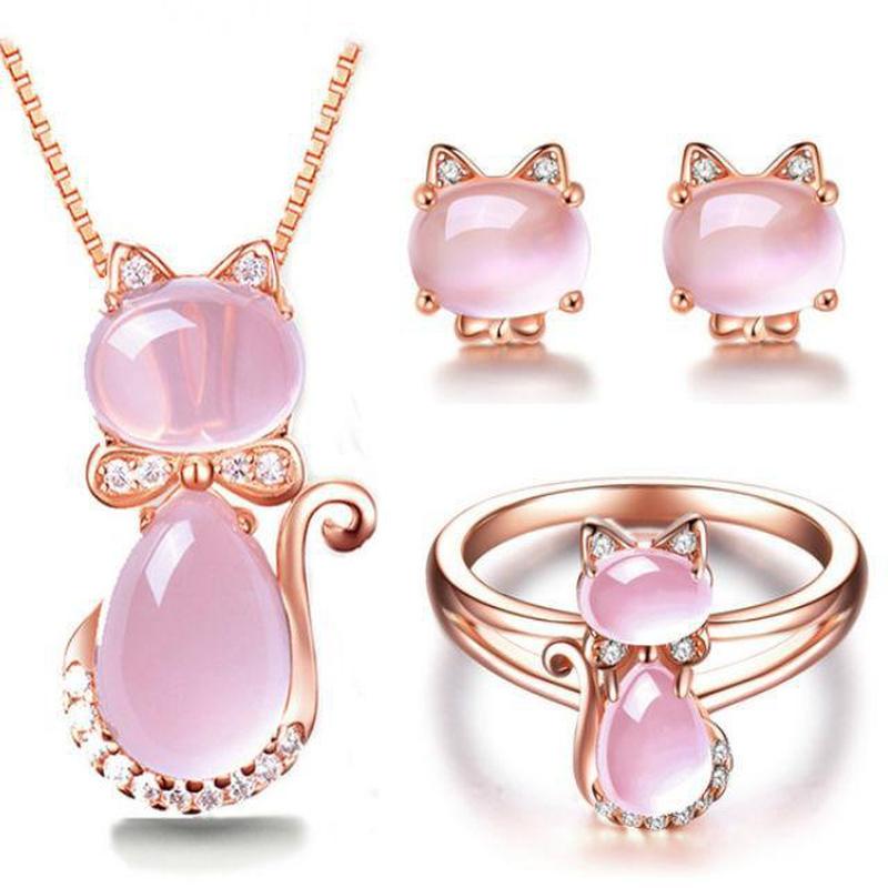 Katzen-Schmuckset in Roségold & Quarz-Strass