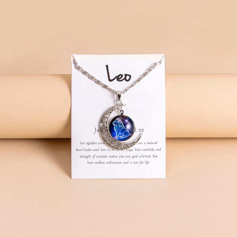 Collar con colgante de luna y 12 abalorios de cristal con signos del zodiaco para mujer y niña