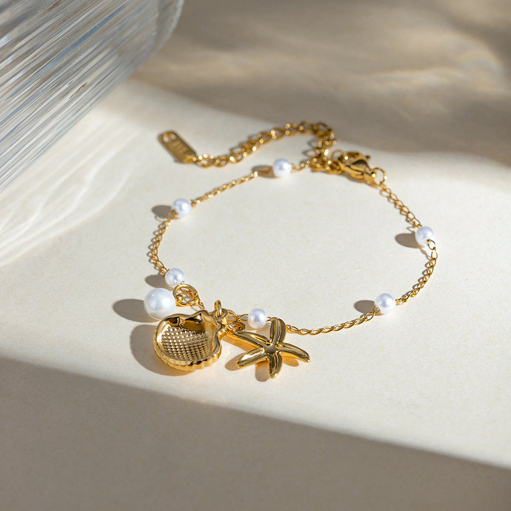 Modeschmuck 18K Gold Edelstahl Perlenkette Sommerurlaub Muschel Seestern Anhänger Armband