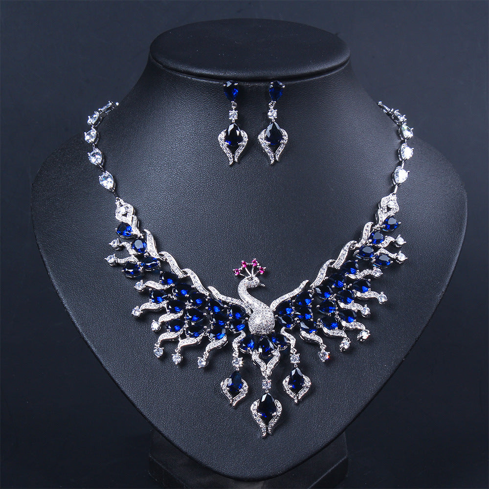 Ethno-Stil Zirkon-Pfau-Ohrringe-Set Quaste Bunte Schlüsselbeinkette Schmuckset
