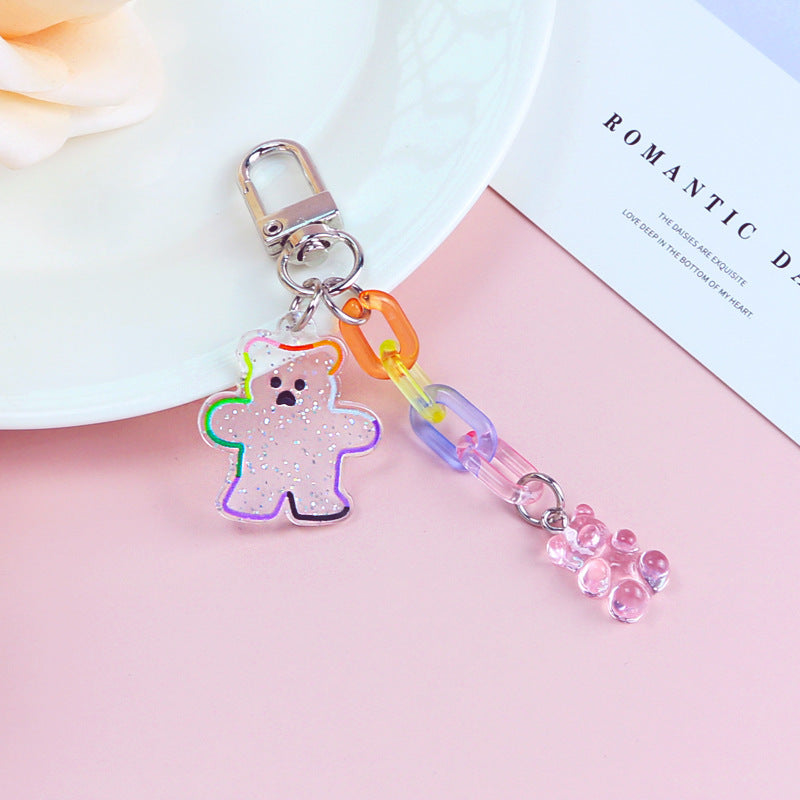 Llavero de accesorios para auriculares con cabeza de oso acrílico, corazón de niña
