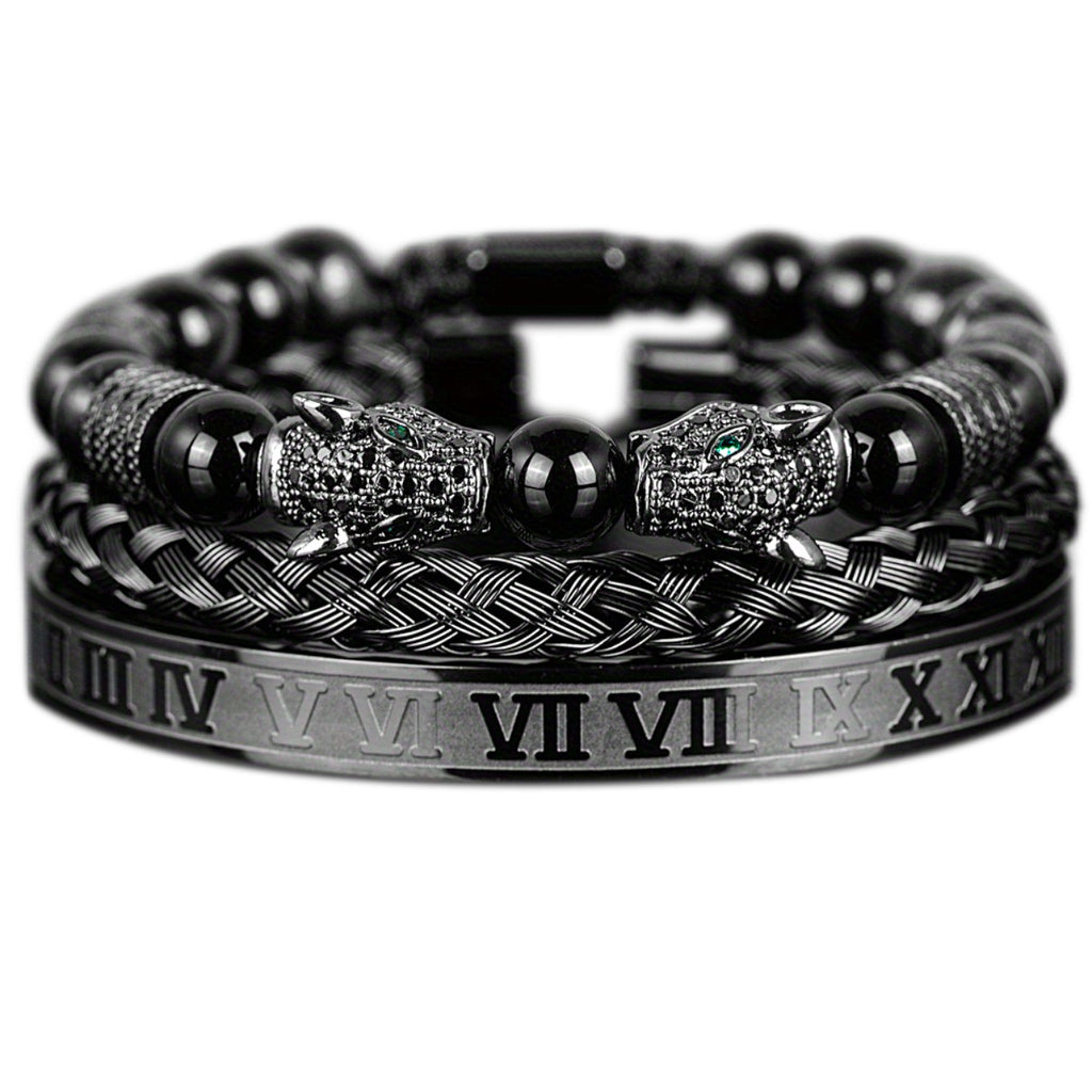 Herrenarmband-Set aus geflochtenem Edelstahl mit Doppel-Leopardkopf und römischen Ziffern, schwarz