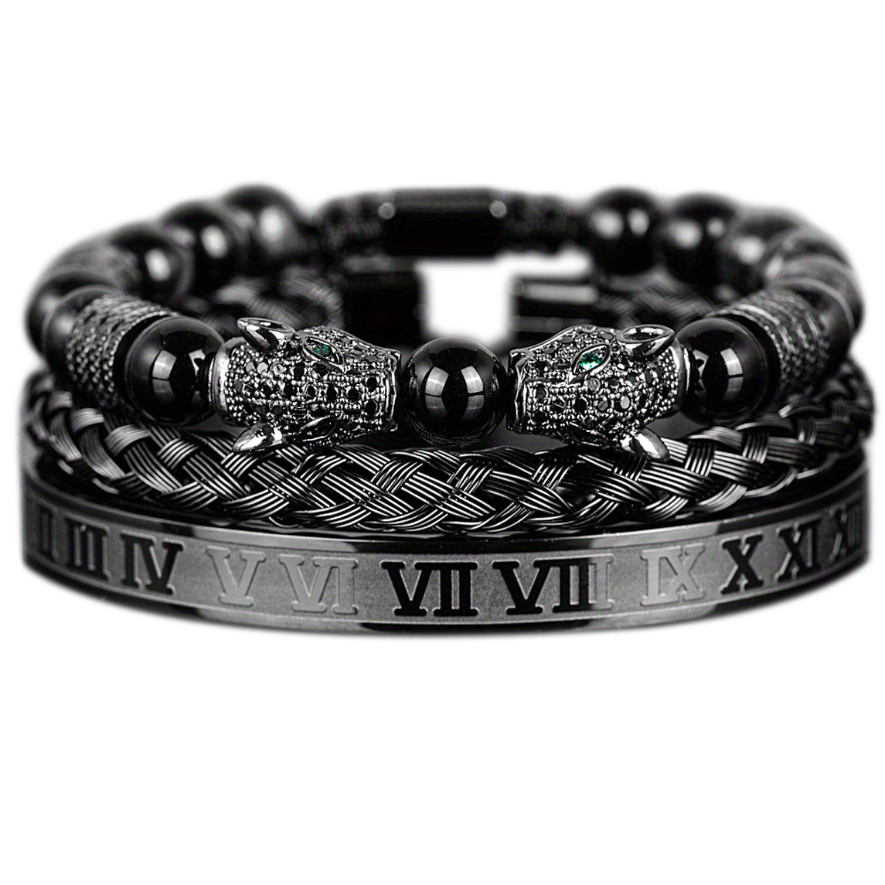 Men's Black Double Leopard Head Braided Stainless Steel Roman Numeral Bracelet Suit