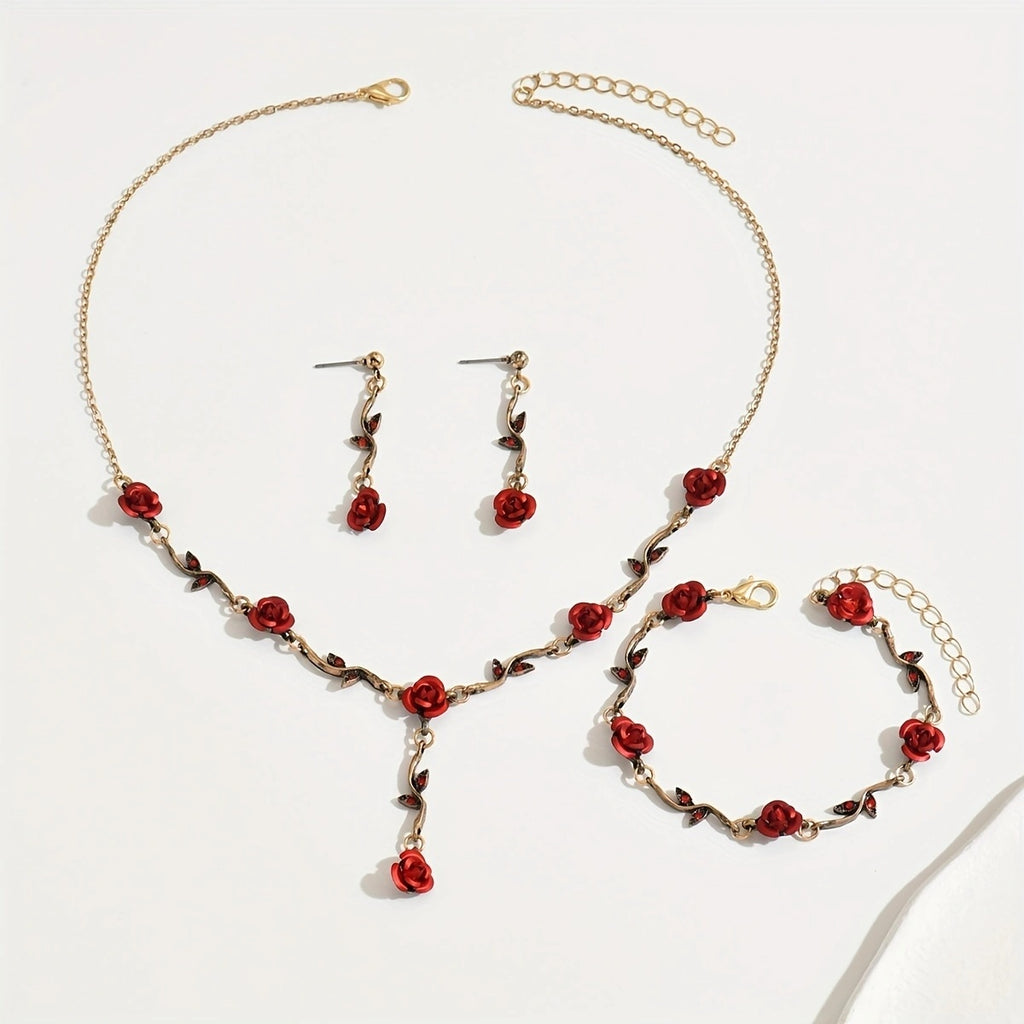 Lxalry Romantisches Rotes Rosen Schmuckset, Handgefertigte Galvanisierte Halskette, Armband & Ohrringe Trio, Brautgeschenk für Hochzeitselegant & Alltagsromantik